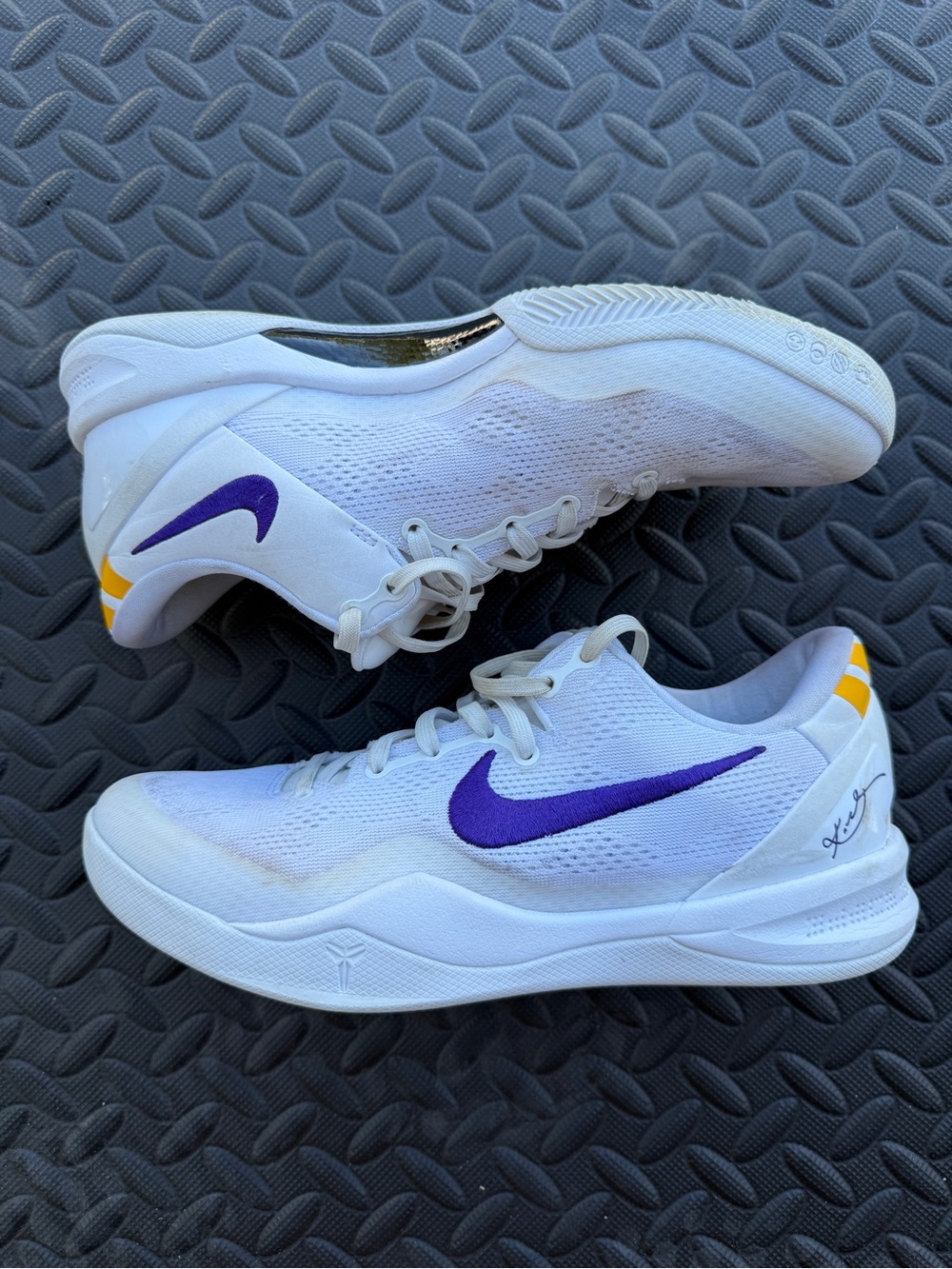 Nike Men's White Sneakers with Purple Swoosh and Yellow Accents